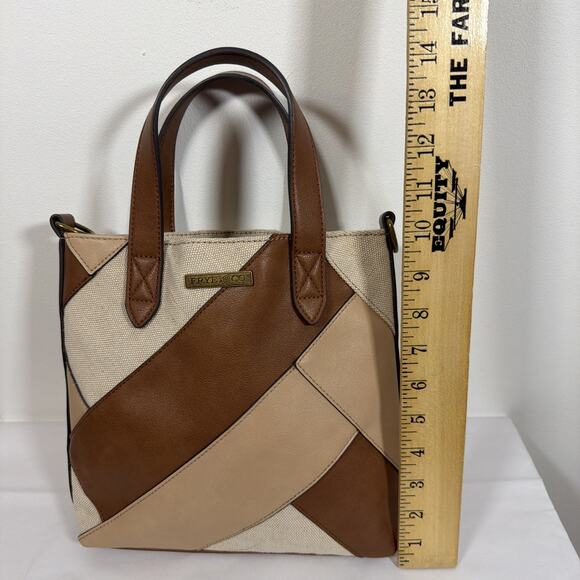 Frye And Co. Vegan Leather Jute Hand Bag Medium Size Brown/Tan/Jute Patchwork - Picture 3 of 10